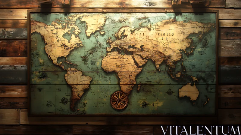 Vintage world map glows over rustic wood wall paneling.