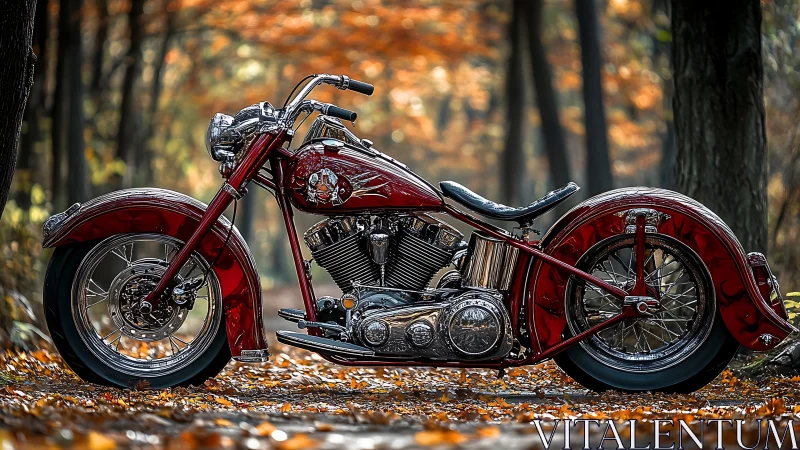 Custom red cruiser motorcycle with chrome V-twin in autumn forest