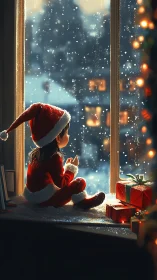 Child in red Santa suit watching snowfall by warm window.