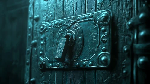 Weathered metal lockplate grips heavy wooden door edge