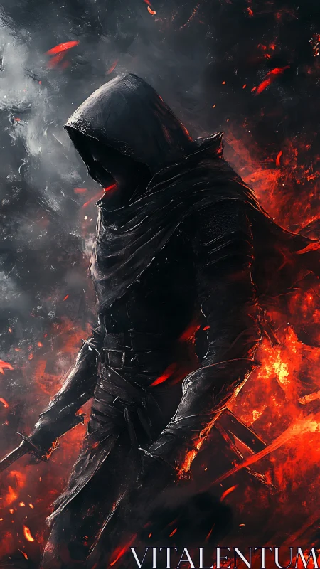 Hooded dark warrior strides through swirling fire and smoke