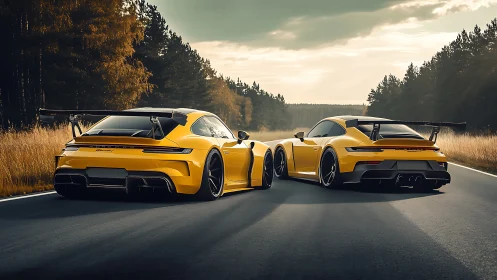 Twin yellow track cars accelerate along forest highway