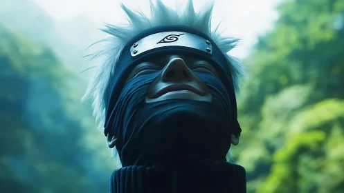 Photorealistic masked ninja portrait with forest bokeh depth.