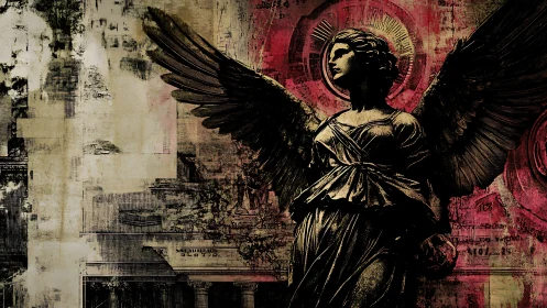 Winged stone sentinel amid glitch-processed ecclesial ruins.