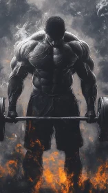 Muscular lifter silhouette over fire with barbell weight.