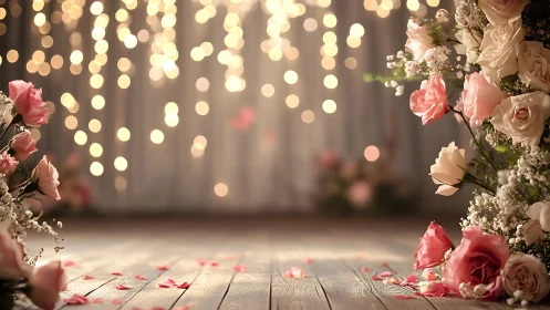 Romantic floral aisle with bokeh lights and rustic wood floor.