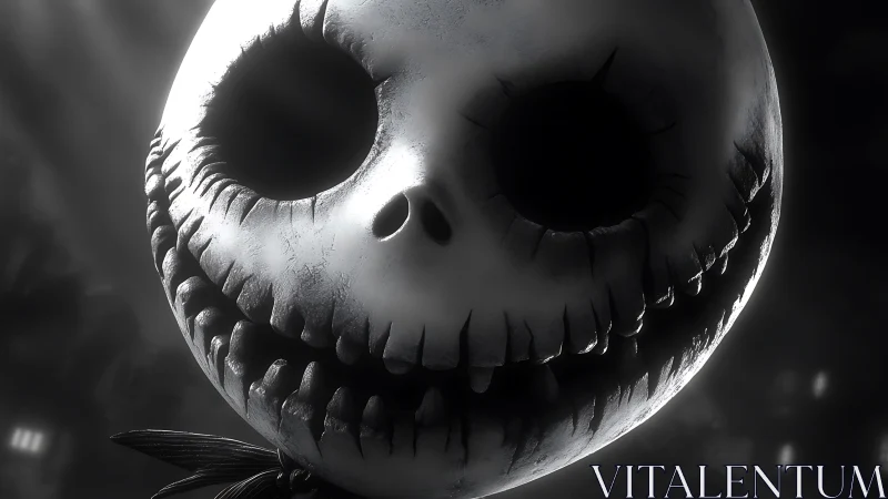 Moonlit skull grins wide in eerie monochrome close-up portrait.