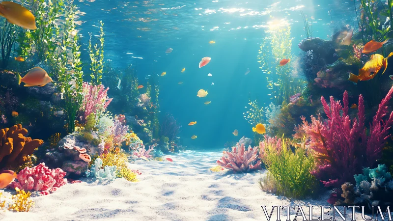 Tropical coral reef scene with fish and filtered sunlight.