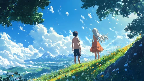 Summer hillside gaze toward distant snowcapped mountains.