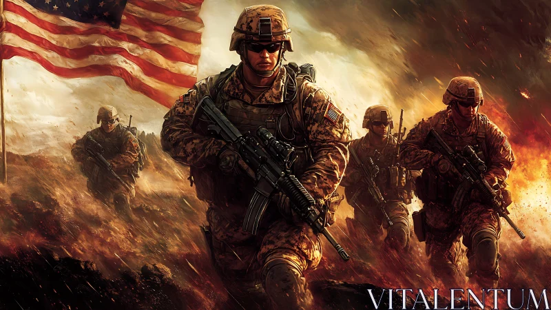 Soldiers advance through burning battlefield under flag