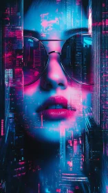 Female face with mirrored cityscape overlay in neon tones