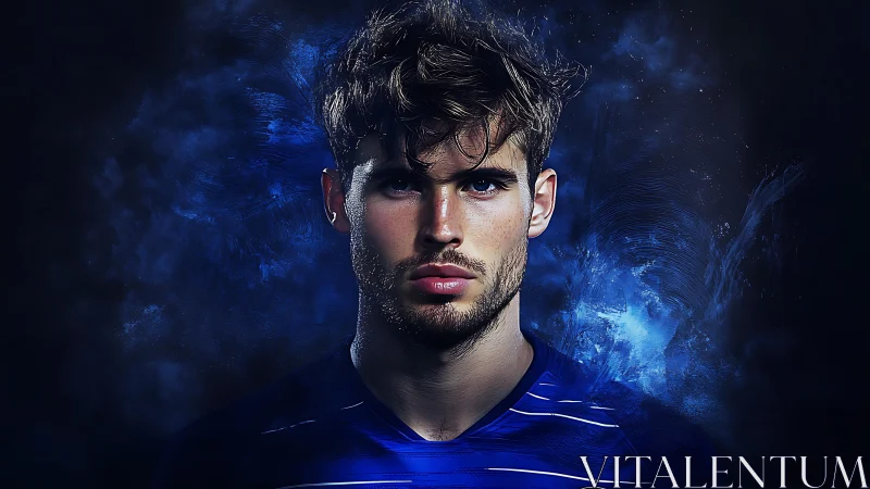 Spectral portrait of focused footballer in blue vapor halo.