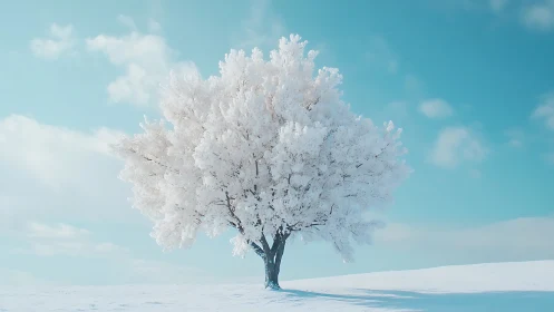 Frost crowned lone winter tree under soft turquoise sky.