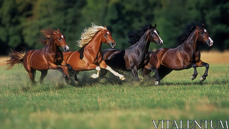 Wild thunder of galloping horses across emerald pasture.
