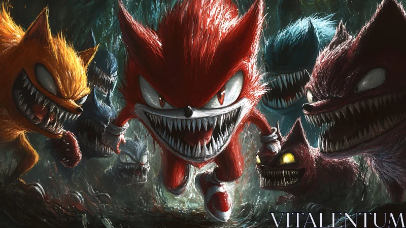 Multiple stylized creatures with sharp teeth advance forward