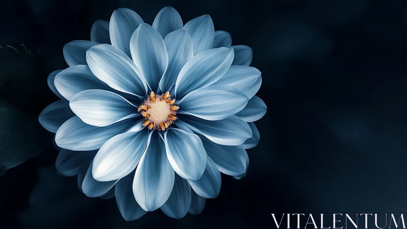 Blue and White Flower with Gold Center on Dark Background