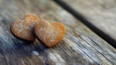 Two wooden hearts resting on weathered timber surface.