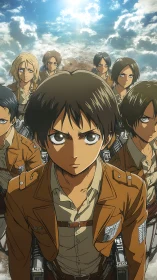 Anime cadet squad rendered with strong frontal perspective