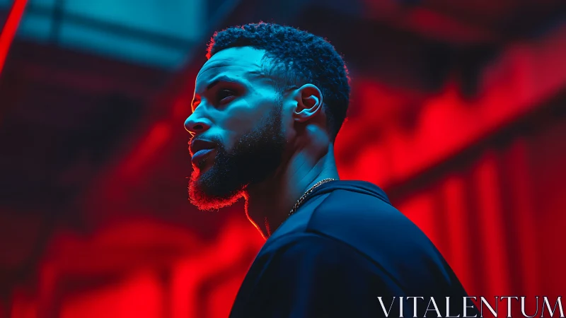 Portrait of focused man under red neon studio lighting