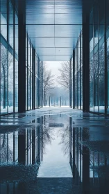 Symmetrical glass colonnade with winter reflections and vanishing point.