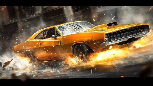 Muscle car drift rendered with motion blur, sparks and fire effects