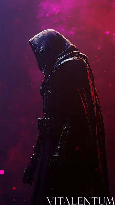 Shrouded hooded figure in magenta embers and shadowed glow.