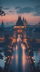 Soft twilight glows over a historic bridge and grand skyline