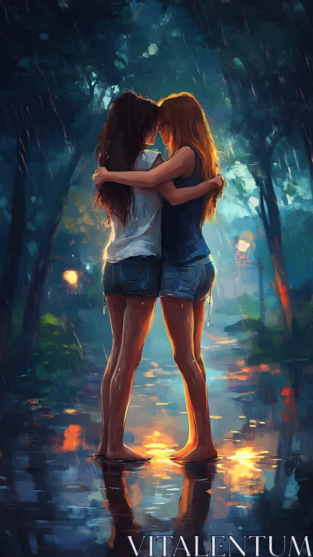 Two Figures in Rain: Digital Illustration of Urban Evening Scene.