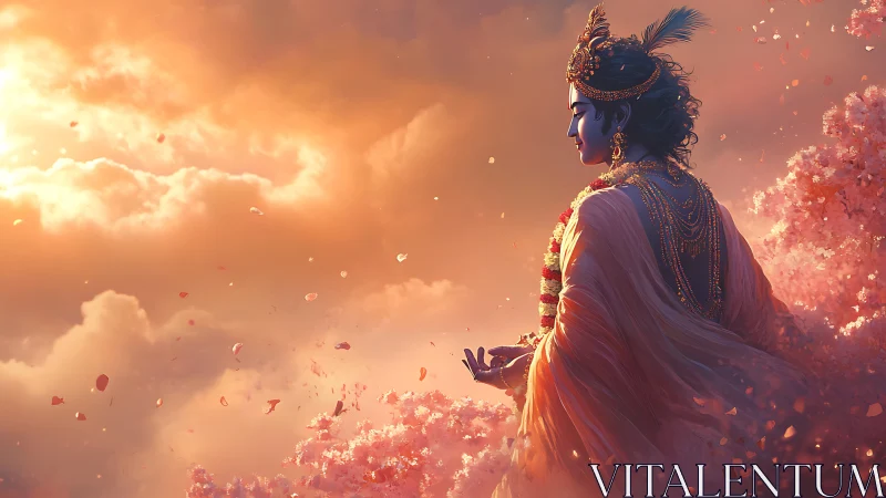 Divine figure meditating amid celestial blossoms at dusk.