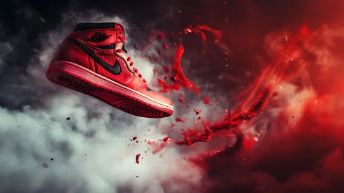 Red athletic sneaker suspended in cinematic smoke burst.