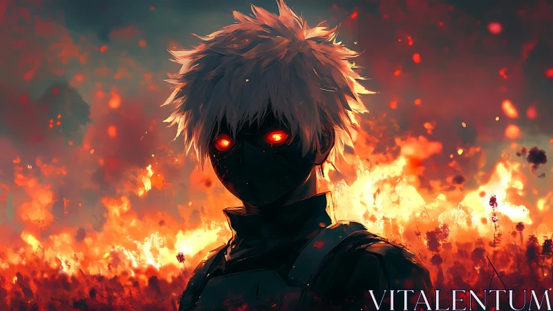 Masked white-haired warrior before blazing inferno horizon.