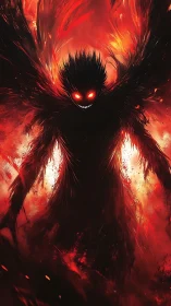 Shadow demon emerges within roaring inferno of swirling fire