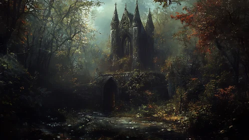 Gothic Cathedral in Misty Forest Landscape.