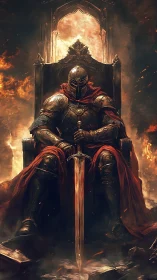 Armored warlord seated on flaming gothic throne, sword grounded