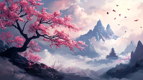 Blossoms Over Misty Peaks and a Hidden Mountain Temple.