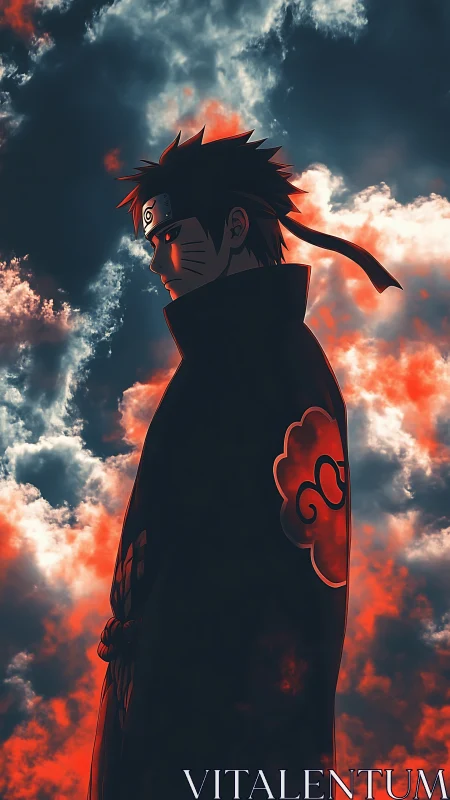 Backlit anime shinobi silhouette against turbulent red storm clouds