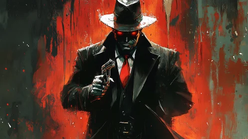 Shadowed figure with handgun before abstract red backdrop.