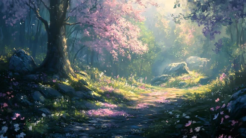 Enchanted Forest Path with Blooming Cherry Blossoms.