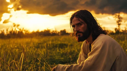 Bearded man sits in grassy field under dramatic sunset sky