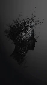 Double exposure female profile with silhouetted winter tree canopy