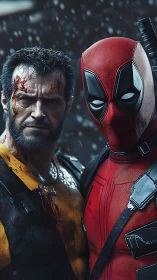 Hyperreal dual-portrait of two armored vigilantes in rain