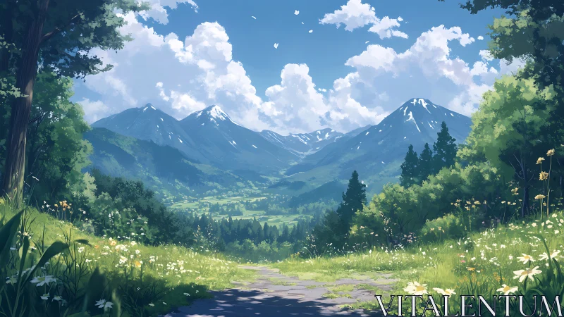 Sunlit alpine meadow frames distant snowcapped mountains.