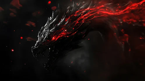 Fierce shadow dragon framed in glowing red embers of night.