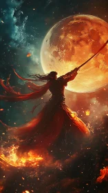 Digital painting of lunar warrior in dynamic fiery composition.