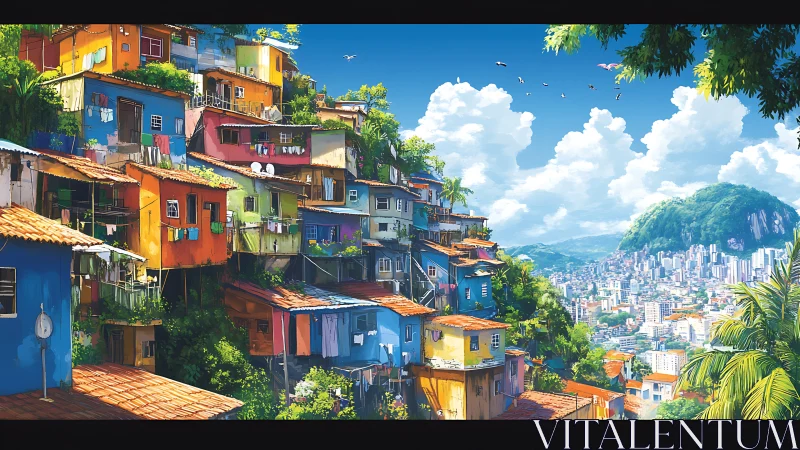 Colorful hillside favela overlooking bright coastal city.