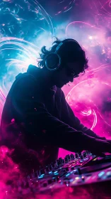 Neon DJ lost in music under swirling pink and blue lights.