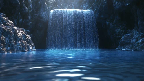 Luminous subterranean waterfall in crystalline blue cavern.