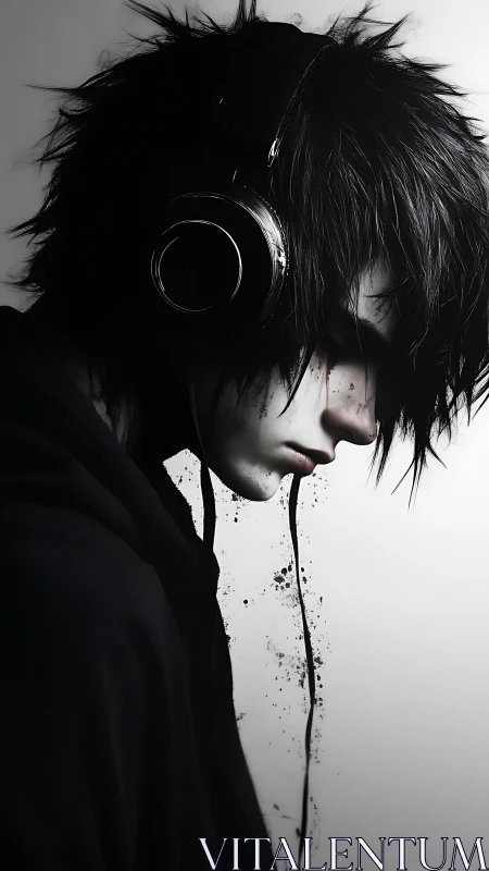 Headphones cradle a shadowed listener lost in grayscale sound