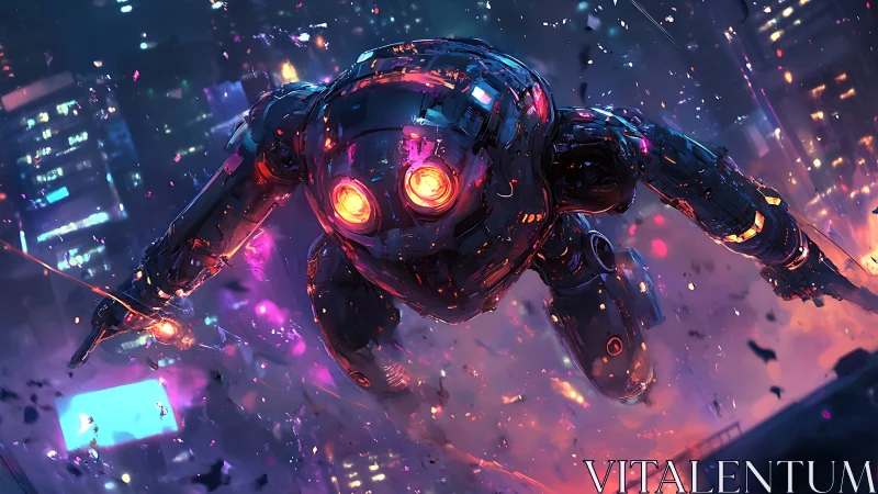 Armored mech dives through neon-lit cyberpunk skyline in flames