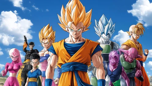 Super Saiyan warrior lineup under vibrant blue sky